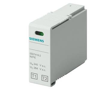 Einphasiger Überspannungsschutz von Siemens mit der Beschriftung 'SSD7418-2'. Konzipiert für Ue 240 V AC und Uc 264 V.