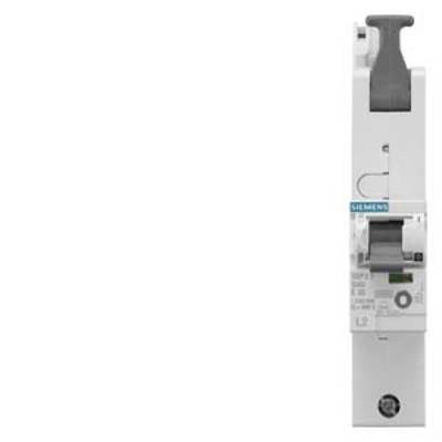 Ein grauer Leistungsschalter der Marke Siemens, montiert auf einer weißen Halterung, mit einem Kippschalter oben.