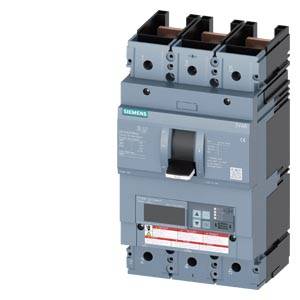 Ein grauer Leistungsschalter von Siemens mit drei Anschlüssen und einem großen Kippschalter in der Mitte, geeignet für industrielle Anwendungen.