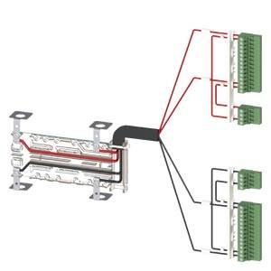 Schema einer elektrischen Verkabelung, die zeigt, wie verschiedene Drähte zu mehreren grünen Steckverbindern führen.