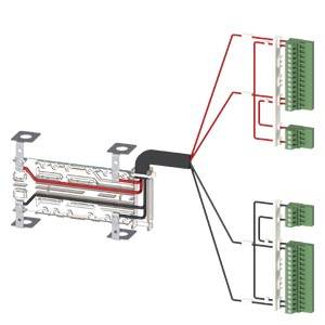 Schematische Darstellung einer elektrischen Verkabelung mit Verbindung zwischen Hauptkomponente und drei grünen Terminalblöcken.