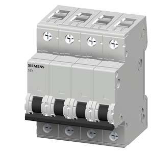 Ein Siemens-Leistungsschalter mit vier Schaltgliedern, dargestellt von vorne. Geeignet für den Einsatz in elektrischen Verteilern.