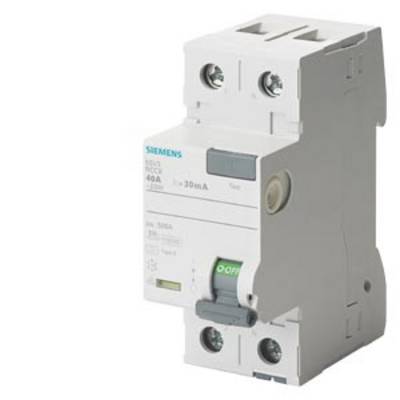 Ein FI-Schutzschalter von Siemens, 40A, Typ 30mA, mit Testtaste und grüner 'OFF'-Schalterposition, für elektrischen Schutz.