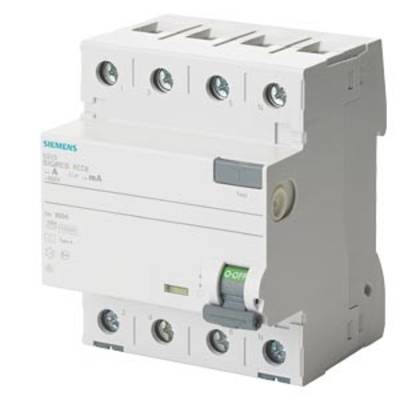 Ein vierpoliger FI-Schalter von Siemens, Modell 5SV3. Er dient zum Schutz vor elektrischen Schlägen und Fehlerströmen.