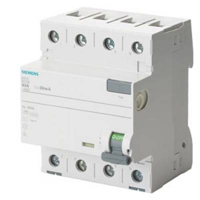 Ein vierpoliger Fehlerstrom-Schutzschalter von Siemens, Modell 5SV3, mit einem 30mA Schaltstrom.