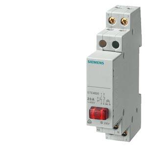 Ein Siemens-Leistungsschalter mit technischen Angaben: '20A', '240V'. Er hat Anschlüsse oben und unten, mit roter Testtaste.