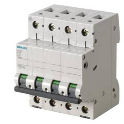 Ein vierpoliger Leistungsschutzschalter für elektrische Sicherheit, Marke und Modell auf der Vorderseite, geeignet für Gebäudeinstallationen.