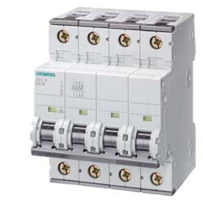 Ein weißer Siemens-Schutzschalter mit vier Schaltern. Er dient zum Schutz elektrischer Stromkreise vor Überlast und Kurzschlüssen.
