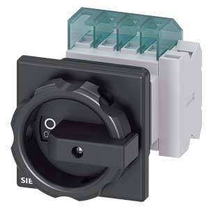 Ein quadratischer Drehschalter mit Griff in Mittelstellung, erkennbar durch die O- und I-Symbole, angebracht auf einer elektrischen Einheit.