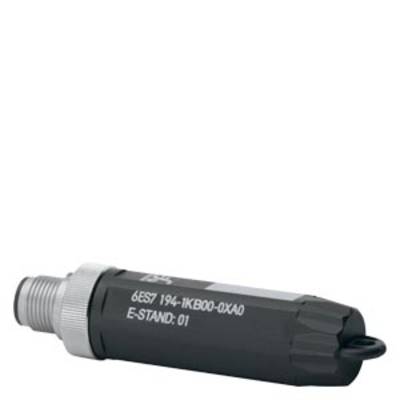 Ein schwarzer zylindrischer Anschlussstecker mit silbernem Ende, Beschriftung '6ES7 194-1KB00-0XA0 E-STAND: 01' auf der Seite.