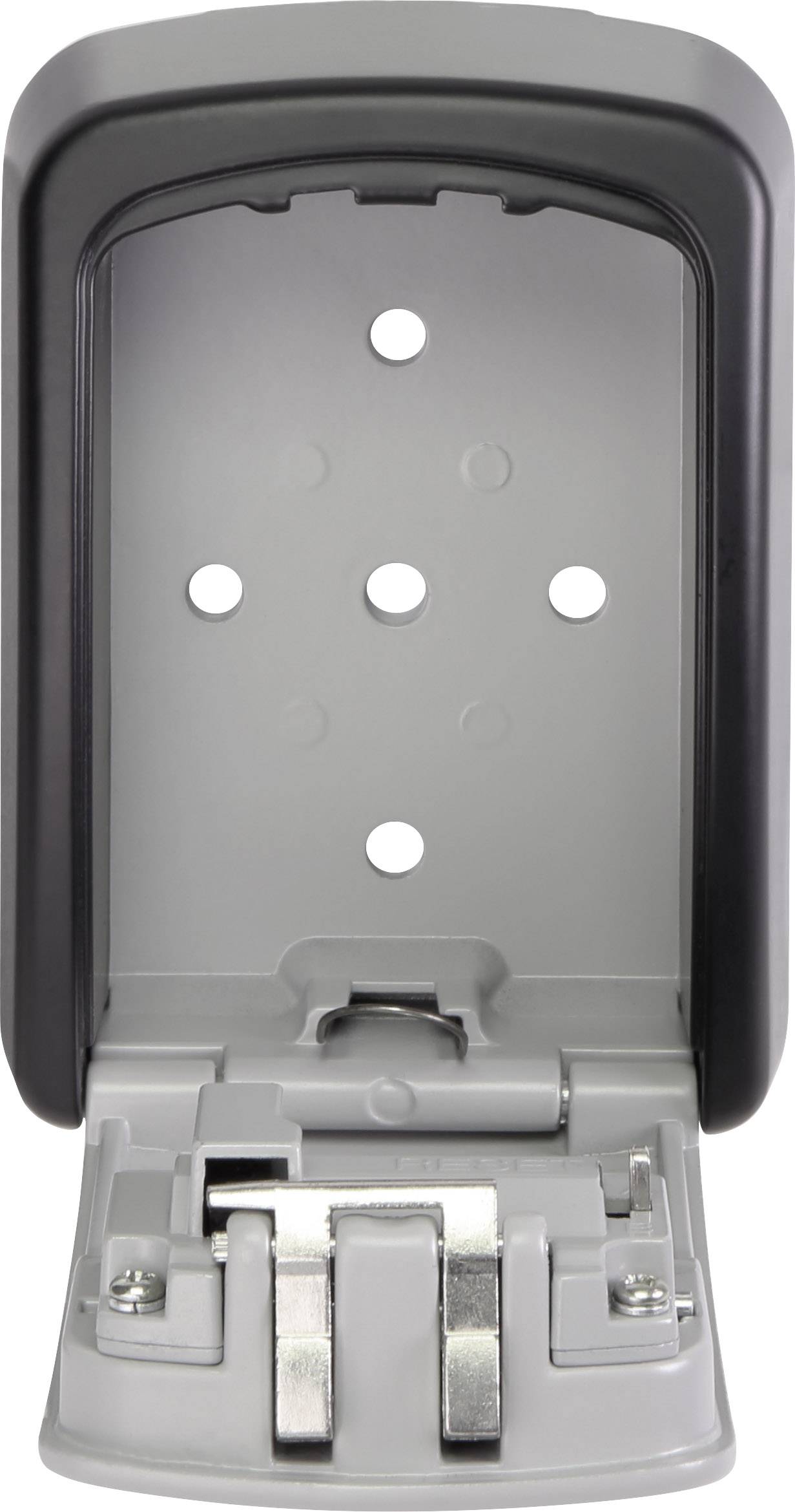 Grauer Schlüsselsafe mit geöffnetem Deckel, zeigt Innenmechanismus und Platz für Schlüsselaufbewahrung. Geeignet für den Außenbereich.