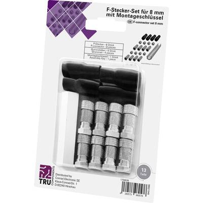 'F-Stecker-Set für 8 mm mit Montageschlüssel' in schwarzer Verpackung, zeigt vier silberne F-Stecker und einen Montage-Schlüssel.