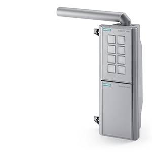 Ein graues Siemens SIMATIC HMI-Tastenpanel mit sechs rechteckigen Tasten und einem Griff oben rechts, für industrielle Bedienung.