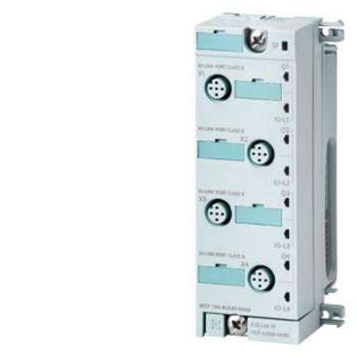 Ein elektrisches Modul mit mehreren Anschlüssen und Beschriftung 'IO-Link'. Es ist vertikal montiert und zeigt Anschlussdetails.