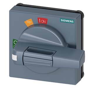Grauer Siemens-Schalter in Position 'I ON', zeigt auch Positionen 'TRIP' und 'O OFF'. Bedienungshebel zentral angeordnet.