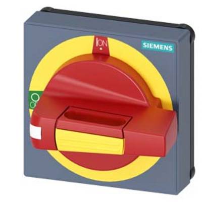 Ein roter Not-Aus-Schalter von Siemens auf grauer Platte mit gelbem Kreis zur Kennzeichnung.