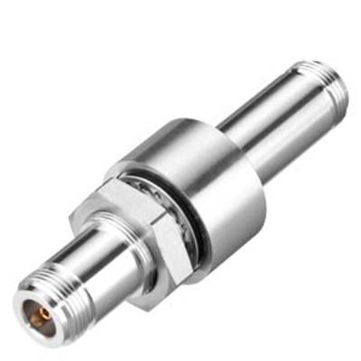 Koaxialadapter aus Metall, zylindrische Form mit Gewinden an beiden Enden, zur Verbindung von Koaxialkabeln verwendet.