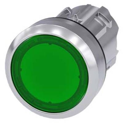 Ein grüner runder Knopf oder Schalter mit silbernem Rand, häufig verwendet zur Signalisierung von 'An' oder 'Start' in Gerätekontexten.