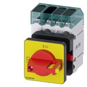 Ein roter Hauptschalter von Siemens auf einem gelben Schild, geeignet zur Steuerung von elektrischen Systemen, mit eindeutigen Ein/Aus-Markierungen.