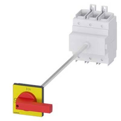 Ein roter Hauptschalter mit gelbem Hintergrund, verbunden mit einem dreipoligen Schaltgerät. Verwendet zur Sicherheit in elektrischen Systemen.