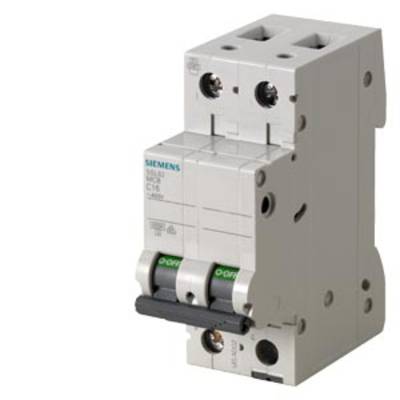 Ein zweipoliger Siemens Leistungsschalter, Modell C16, für den Einsatz in elektrischen Schaltschränken zur Überlast- und Kurzschlussschutz.