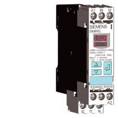 Elektronisches Zeitrelais SIMIREL mit Siemens-Logo, Modellnummer 3UG4622-1AW30, zeigt eine Anzeige mit Zahlen und Symbolen.
