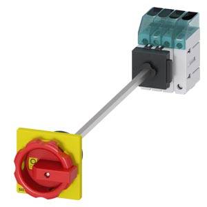 Schalter mit rotem Drehknopf auf gelber Basis, verbunden mit einem elektrischen Gerät; dient zur Steuerung elektrischer Schaltungen.