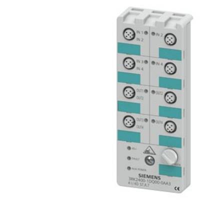 Graues elektronisches Modul mit mehreren runden Steckanschlüssen, beschriftet mit 'IN' und 'OUT'. Marke: Siemens.