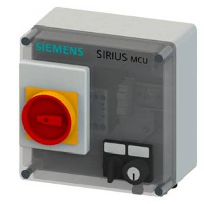 Ein Siemens SIRIUS MCU mit rotem Not-Aus-Schalter und zwei schwarzen Bedienelementen, in einem grauen Gehäuse montiert.