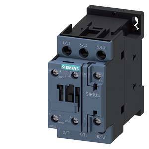 'Siemens SIRIUS Schütz, blau-schwarz; drei Pole; für elektrische Schaltungen. Modellnummer und Markenname sichtbar.'