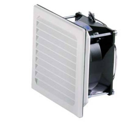 Ein rechteckiger Ventilator mit Gitterabdeckung, leicht geneigt. Das Gerät scheint für Belüftungszwecke in Wänden oder Decken gedacht zu sein.