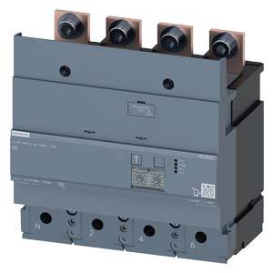 Ein vierpoliger, elektronischer Leistungsschalter. Oben sind Kupferanschlüsse sichtbar. Entwickelt für den Einsatz in industriellen Stromverteilungssystemen.
