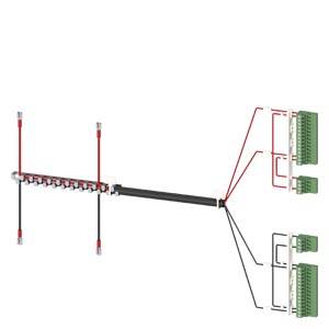 Das Bild zeigt ein schematisches Diagramm eines elektrischen Verteilersystems mit Kabelverbindungen zu mehreren grünen, rechteckigen Klemmenblöcken.