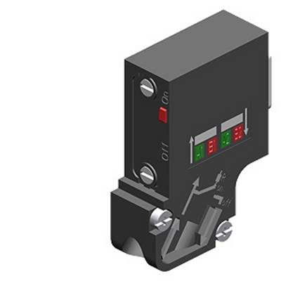 Ein schwarzes elektrisches Bauteil mit einem Kippschalter, gekennzeichnet mit 'On' und 'Off', und zwei Leuchten für Betriebsanzeige.