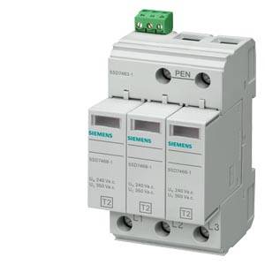 Ein dreiphasiger Überspannungsschutz von Siemens mit den Bezeichnungen L1, L2, L3 und PEN, grüne Schraubklemme oben.