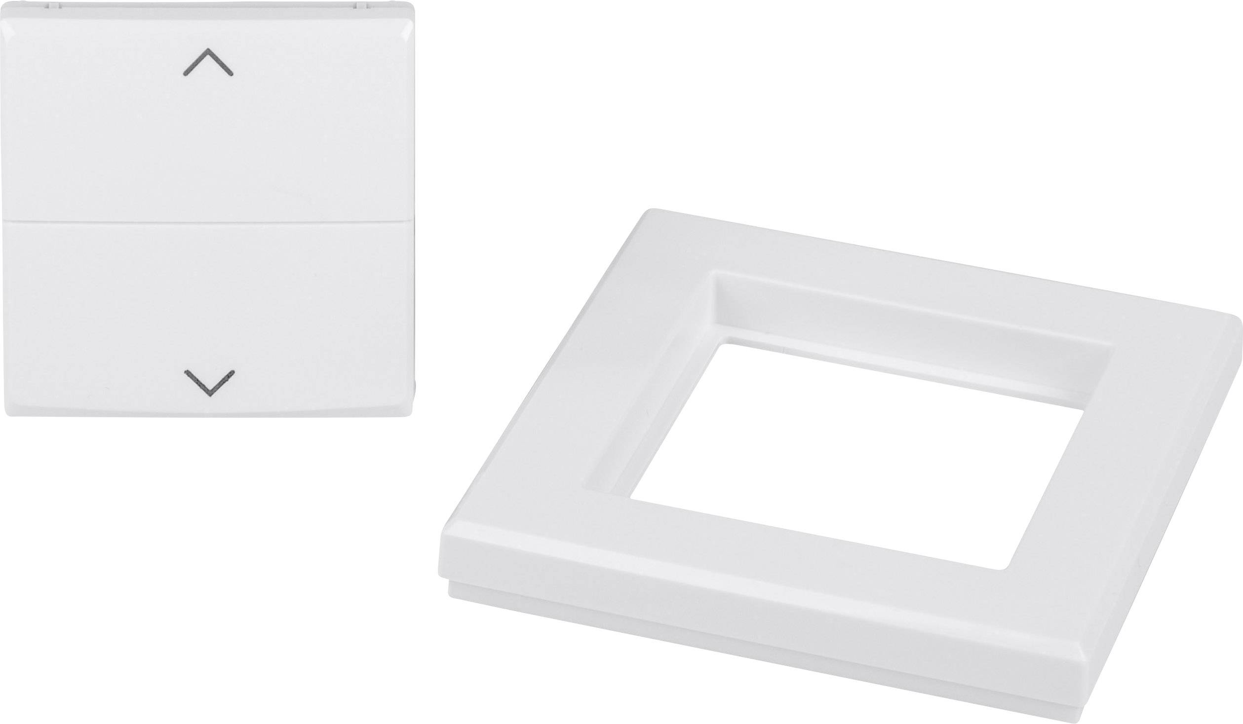 Zwei weiße Lichtschalter, einer mit Pfeiltasten für Auf und Ab. Der Rahmen ist quadratisch. Ideal für Rollos oder Dimmer.