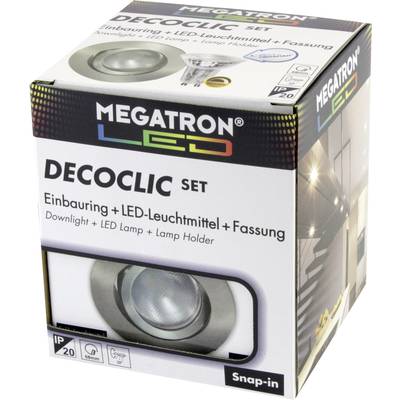 Verpackung einer Megatron LED 'Decoclic' Set mit Einbauleuchte, LED-Leuchtmittel und Fassung. Geeignet für Downlights, IP20.