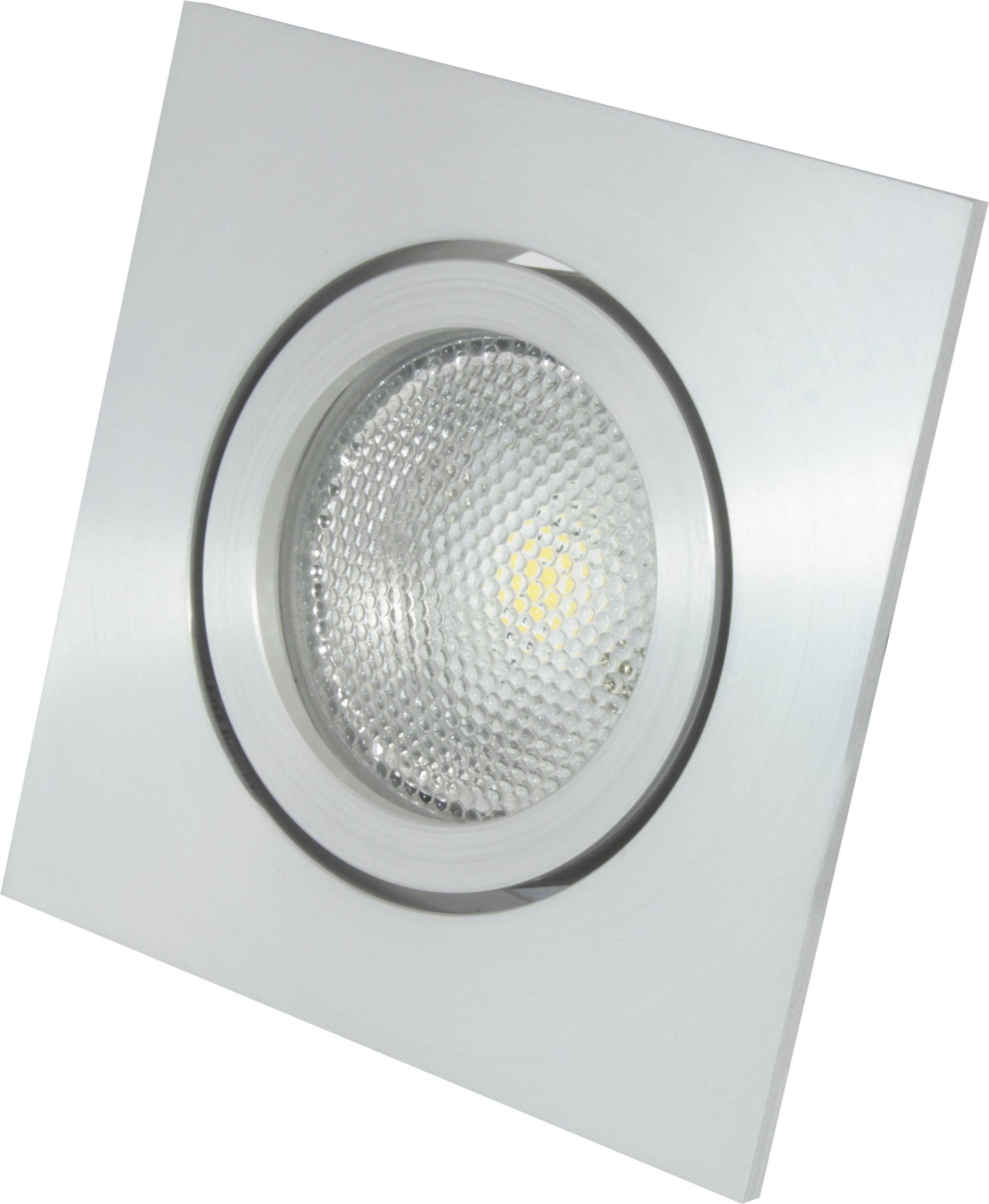 Einbau-LED-Spot in quadratischer, silberner Fassung. Texturiertes Glas über der Leuchte. Ideal für moderne Innenräume.