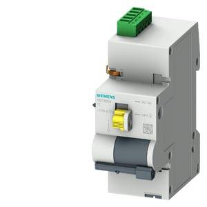 Ein Siemens Schutzschalter in grau mit grüner und gelber Markierung. Er hat ein kompaktes Design und ist für den elektrischen Schutz vorgesehen.