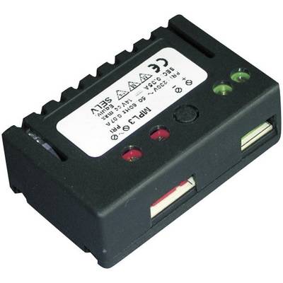 Ein rechteckiges elektrisches Bauteil mit Aufschrift 'SELV', abgerundeten Ecken, zwei USB-Anschlüssen und LED-Lichtern.