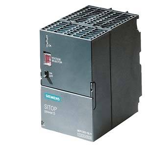 Netzteil Siemens SITOP power 5. Kompaktes Design, Lüftungsgitter oben, Adresseingang und Betriebsanzeige an der Frontseite. Geeignet für industrielle Anwendungen.