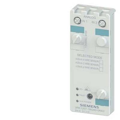 Siemens Modul, vertikal gezeigt, mit Beschriftungen 'Analog IN 1' und 'IN 2'. Es hat Einstellungen für 'SELECTED MODE' mit verschiedenen Sensormodi.