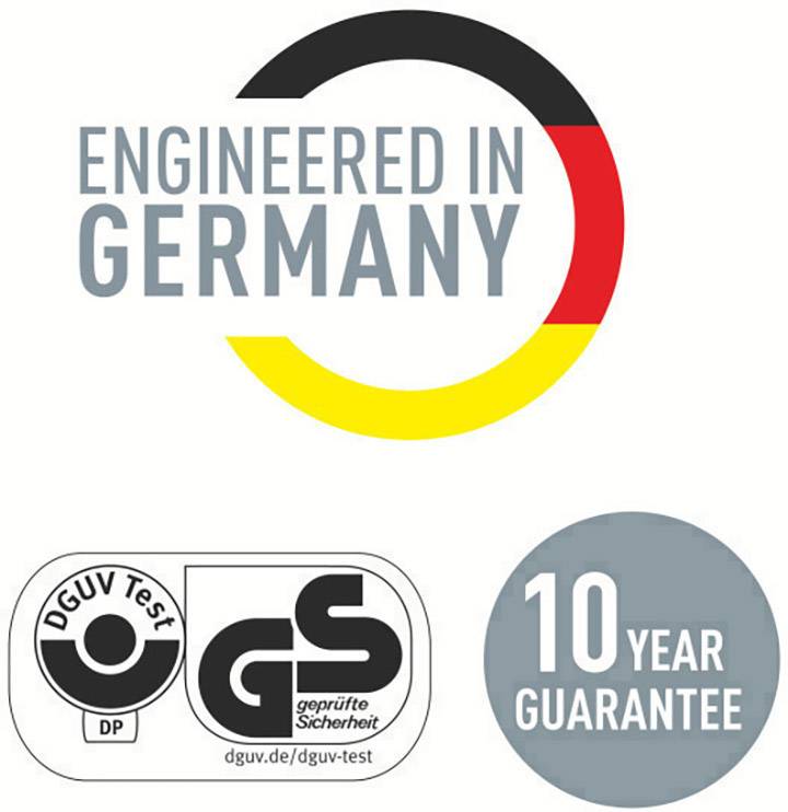 'Oberer Kreis mit Aufschrift "Engineered in Germany" in den Farben Schwarz, Rot, Gelb. Unterer Kreis: "DGUV Test" und "10 Year Guarantee".'