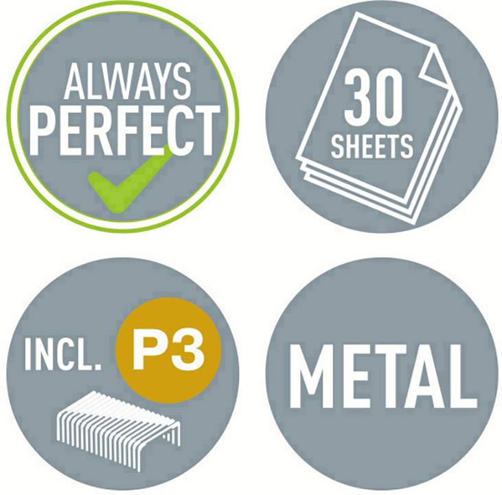 'Always Perfect', '30 Sheets', 'Incl. P3', 'Metal': Grafiken mit grünen und grauen Kreisen zeigen Produktspezifikationen wie perfekte Passform und Material.