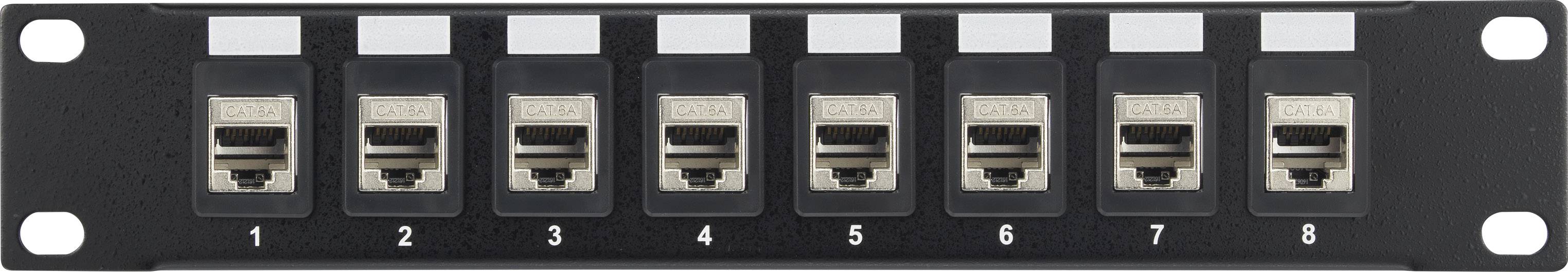 'Fiber Optic Patch Panel mit 8 Ports, jeder nummeriert von 1 bis 8. Jedes Port hat einen leeren Steckplatz für eine optische Verbindung.'