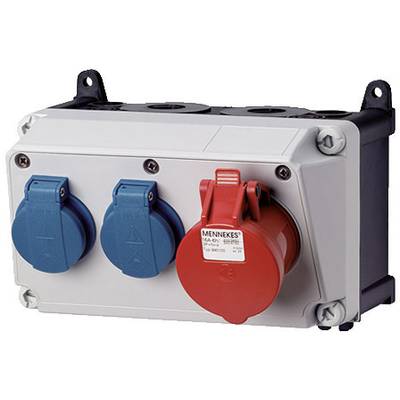 Industrielle Steckdosenleiste mit zwei blauen und einer roten Steckdose, geeignet für elektrische Anwendungen in industriellen Umgebungen.