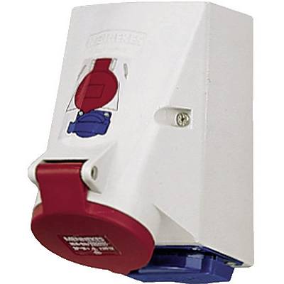 Ein roter Drehstromstecker an einer weißen Wandhalterung, vermutlich für industrielle oder gewerbliche Stromversorgung.