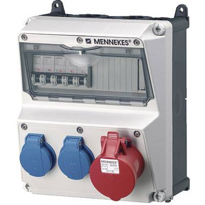 Elektrische Anschlussbox mit zwei blauen und einem roten Steckdosenanschluss, Marke 'MENNEKES', geeignet für industrielle Anwendungen.