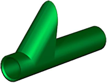 Grüner, röhrenförmiger 3D-Objekt mit gebogenem, Y-förmigem Design.