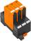 Ein dreiteiliges, orangefarbenes Überspannungsschutzmodul für elektrische Schaltanlagen, montiert auf einem schwarzen Sockel.
